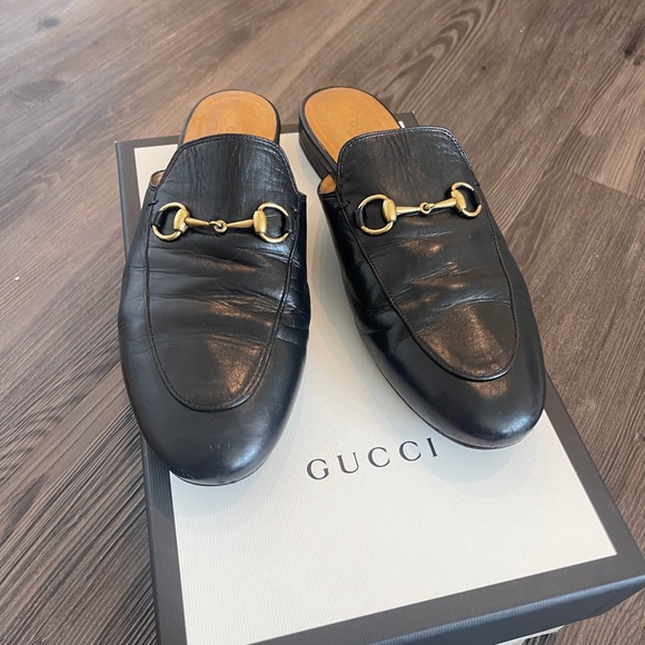 Authentic GUCCI PRINCETOWN LEATHER SLIPPER slides mules black gold 38.5 loafers - Picture 6 of 16